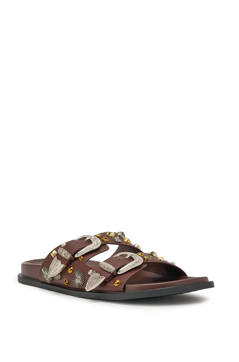 AKIRA BARCLAY BROWN METAL EMBELLISHED SLIP ON FLAT SANDAL - Image 6