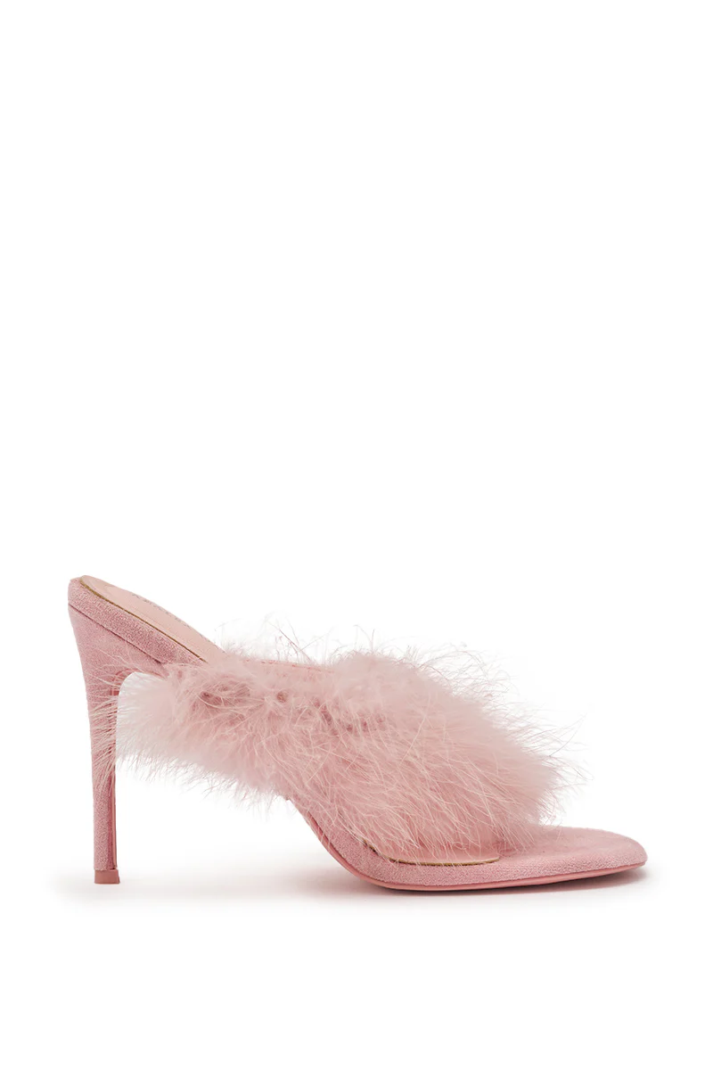 AKIRA FEMINISTA PINK FAUX SUEDE FUR EMBELLISHED KITTEN HEEL SANDAL - Image 5
