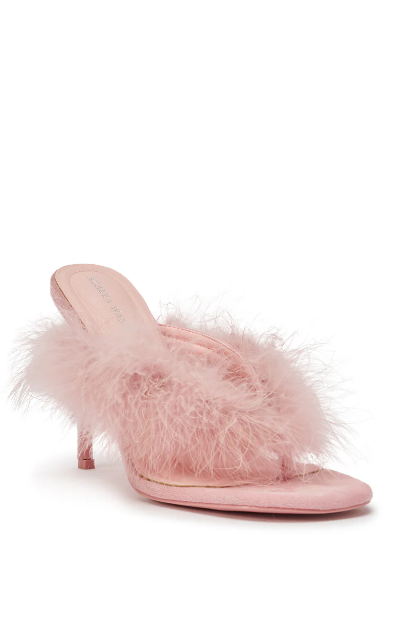 AKIRA FEMINISTA PINK FAUX SUEDE FUR EMBELLISHED KITTEN HEEL SANDAL - Image 6