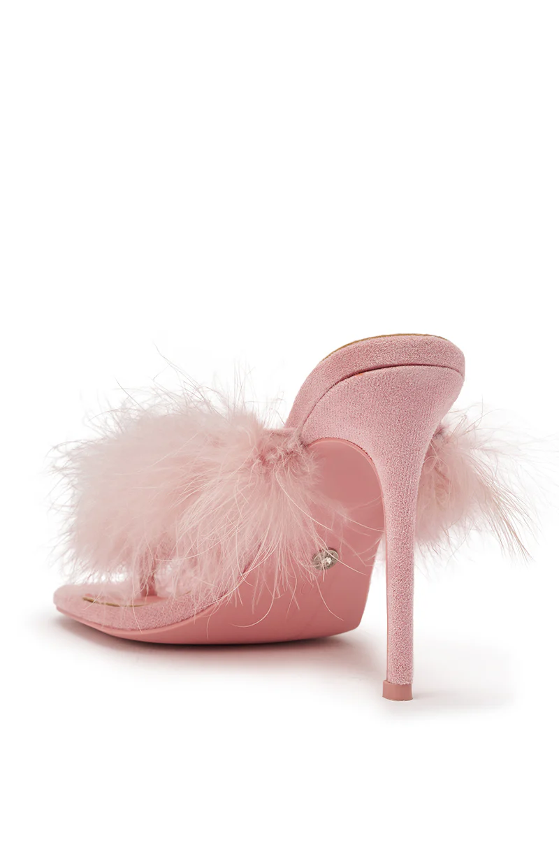 AKIRA FEMINISTA PINK FAUX SUEDE FUR EMBELLISHED KITTEN HEEL SANDAL - Image 7