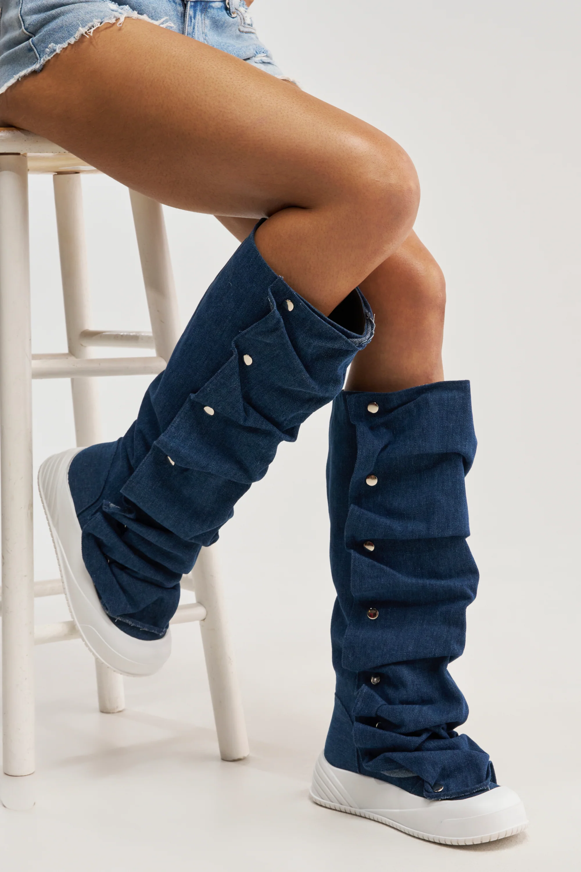 AKIRA GOLD ALIXY DENIM FLAT RUFFLE BOOT - Image 3