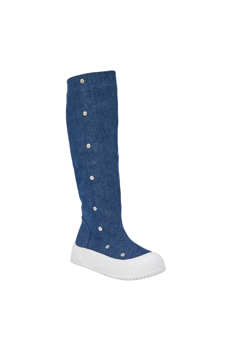 AKIRA GOLD ALIXY DENIM FLAT RUFFLE BOOT - Image 7