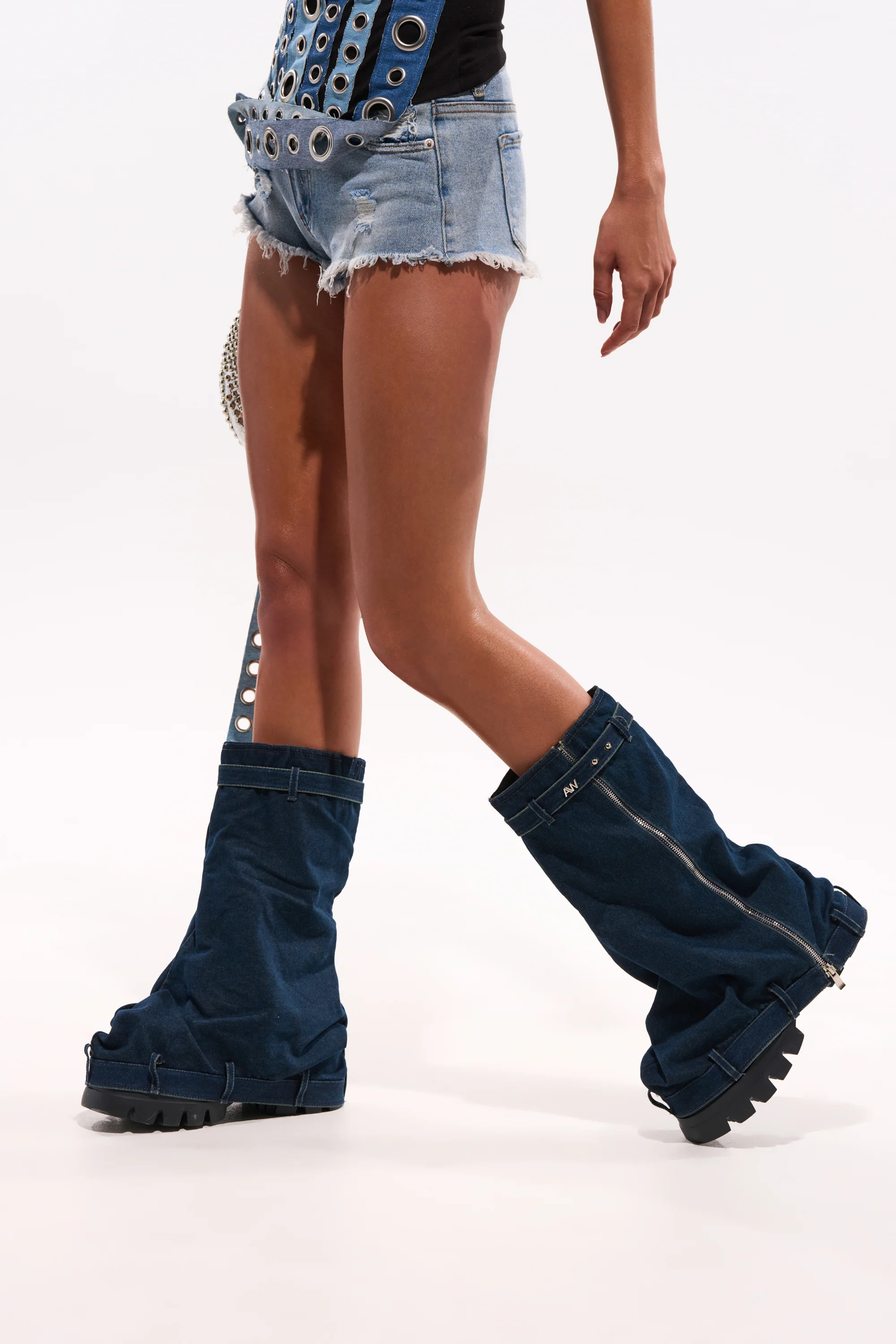 AKIRA GOLD ANGELA FOLD OVER PLATFORM BOOT IN DARK DENIM