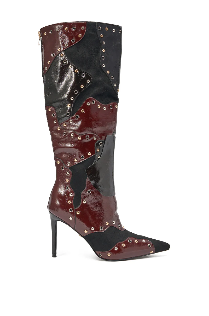 AKIRA GOLD ENYAE MAHOGANY MULTI PATCHWORK STILETTO BOOT - Image 3