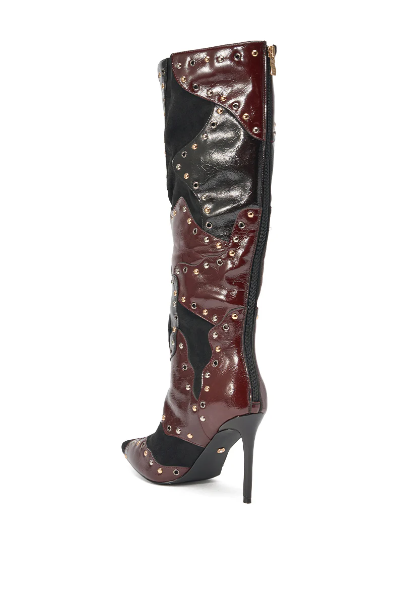AKIRA GOLD ENYAE MAHOGANY MULTI PATCHWORK STILETTO BOOT - Image 5