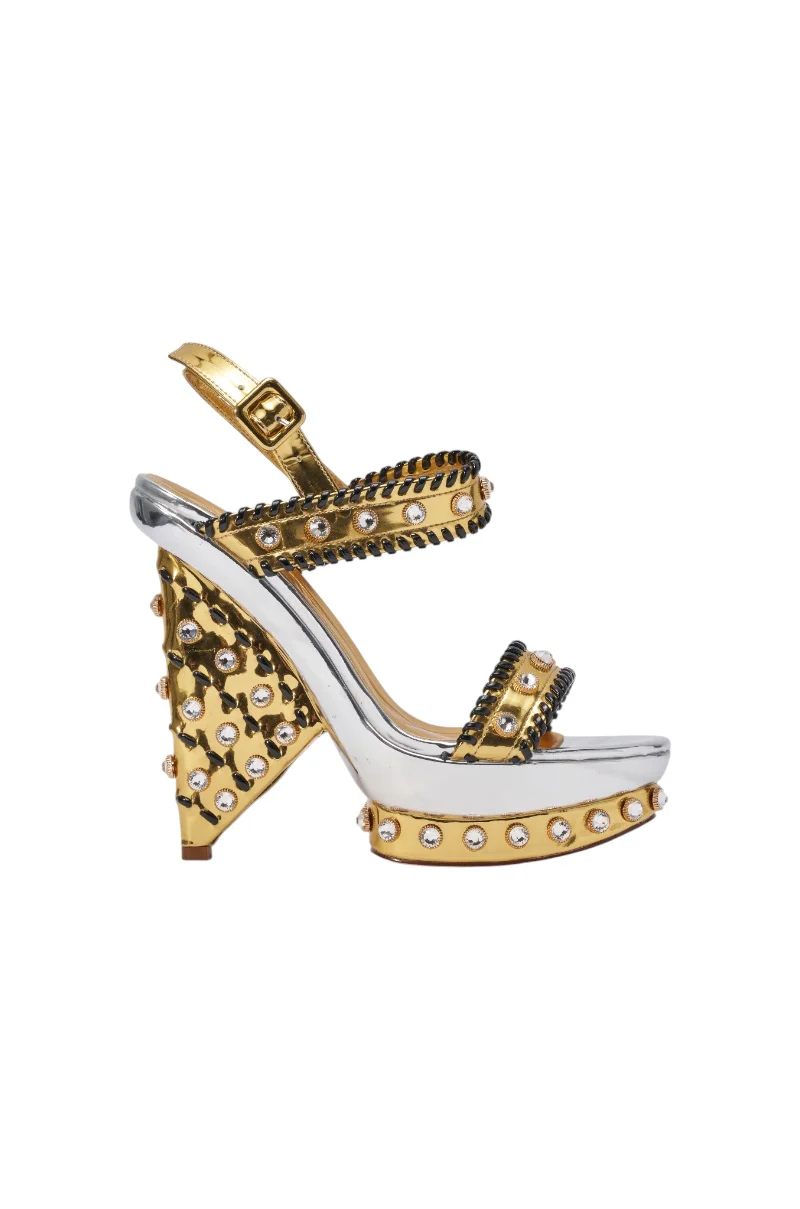 AKIRA GOLD KARINA GOLD METALLIC EMBELLISHED BLOCK HEEL SANDAL - Image 5