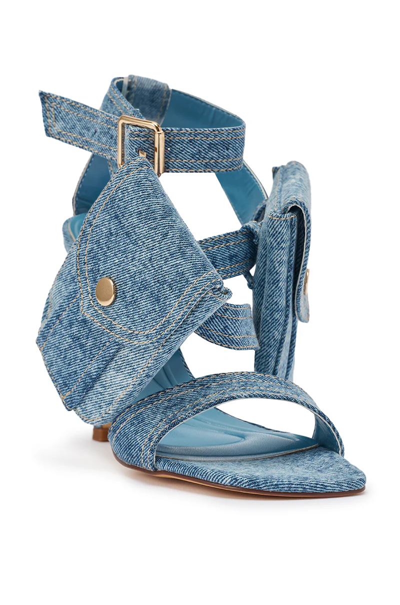 AKIRA GOLD KERSHAW DENIM POCKET STILETTO STRAP SANDAL - Image 8