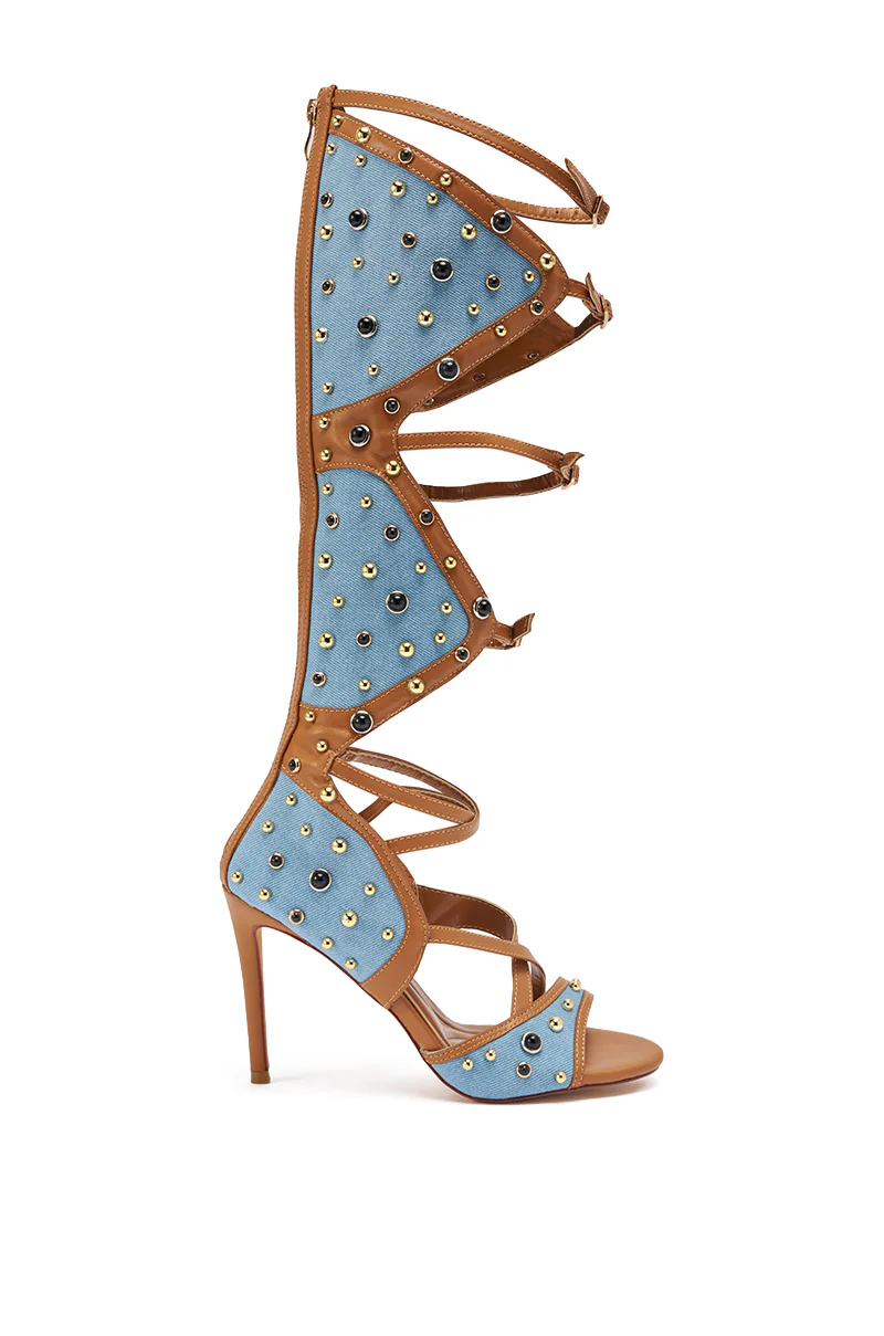 AKIRA GOLD LULANA DENIM METAL STUDDED GLADIATOR STILETTO SANDAL - Image 6