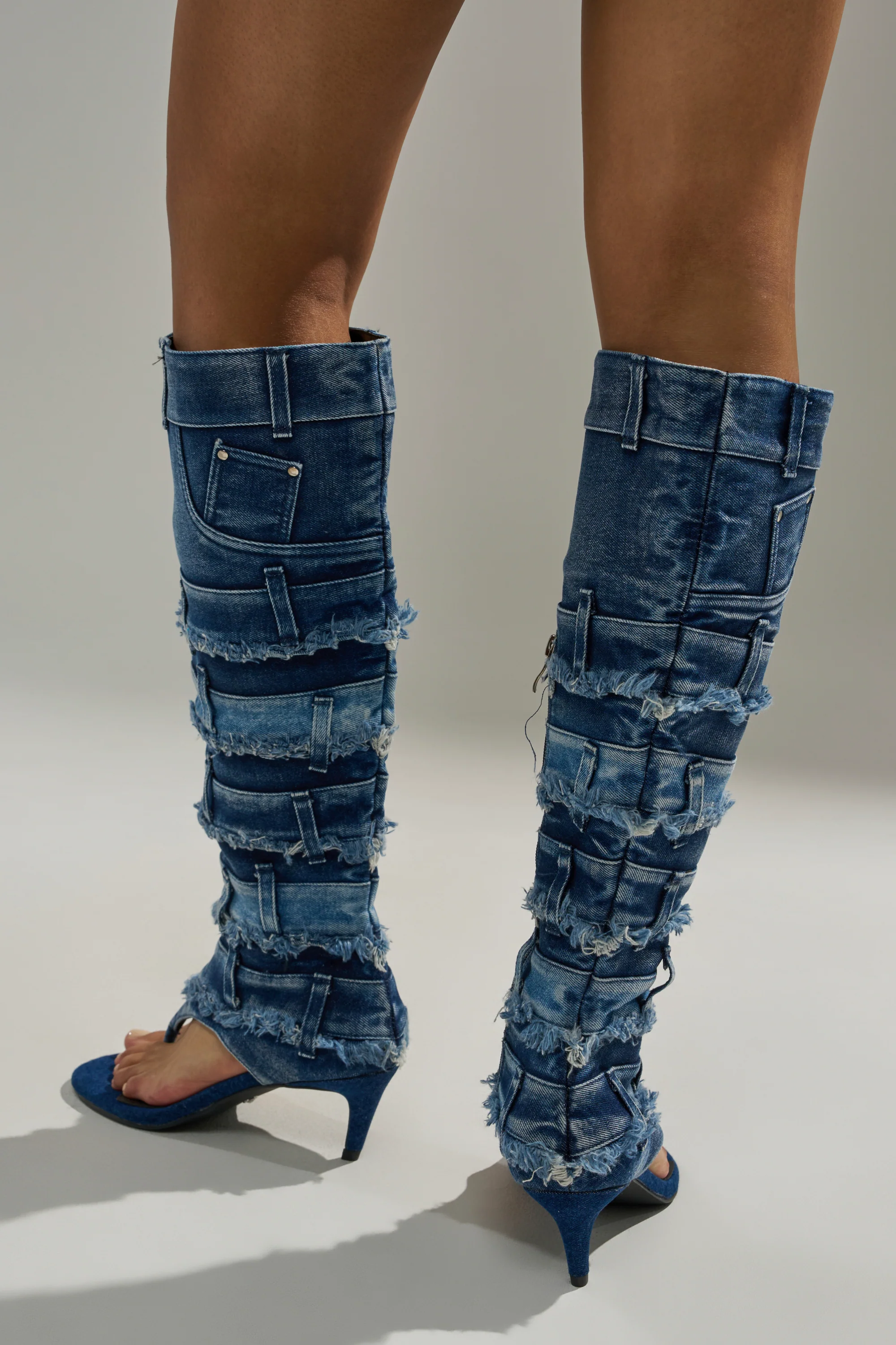 AKIRA GOLD MAHONEY DENIM PANT DETAIL GLADIATOR STILETTO - Image 4