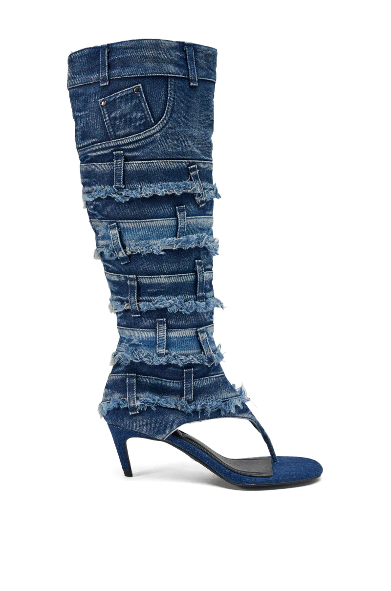 AKIRA GOLD MAHONEY DENIM PANT DETAIL GLADIATOR STILETTO - Image 5