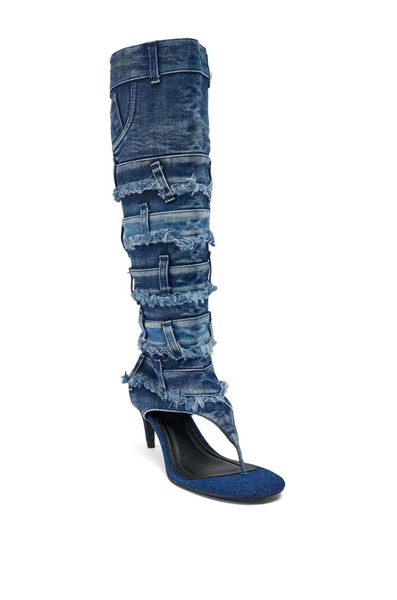 AKIRA GOLD MAHONEY DENIM PANT DETAIL GLADIATOR STILETTO - Image 6