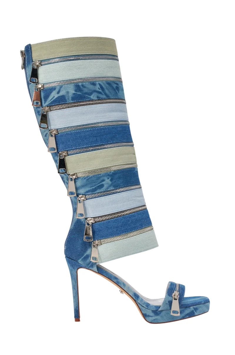 AKIRA GOLD ONREPEAT DENIM EMBELLISHED PLATFORM STILETTO SANDAL BOOT - Image 5