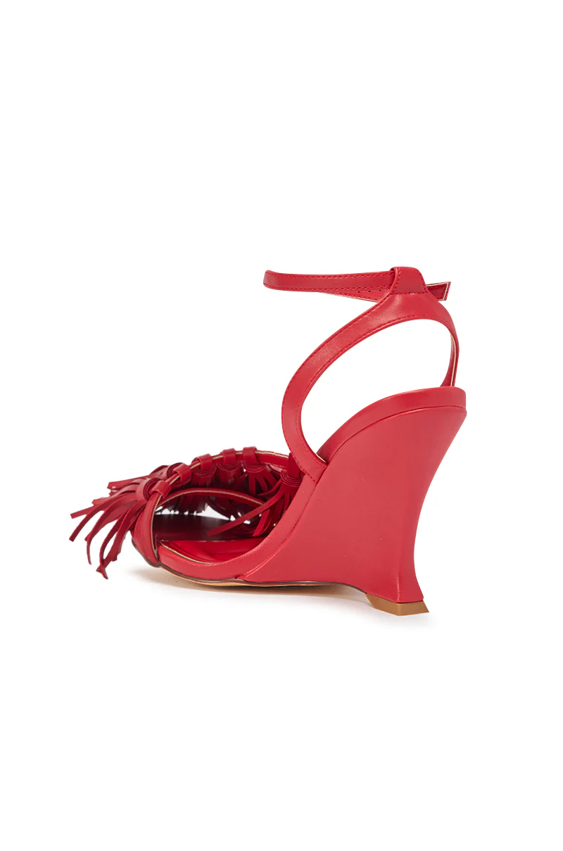 AZALEA WANG PHRIXOS RED WEDGE FRINGE PU SANDAL - Image 6