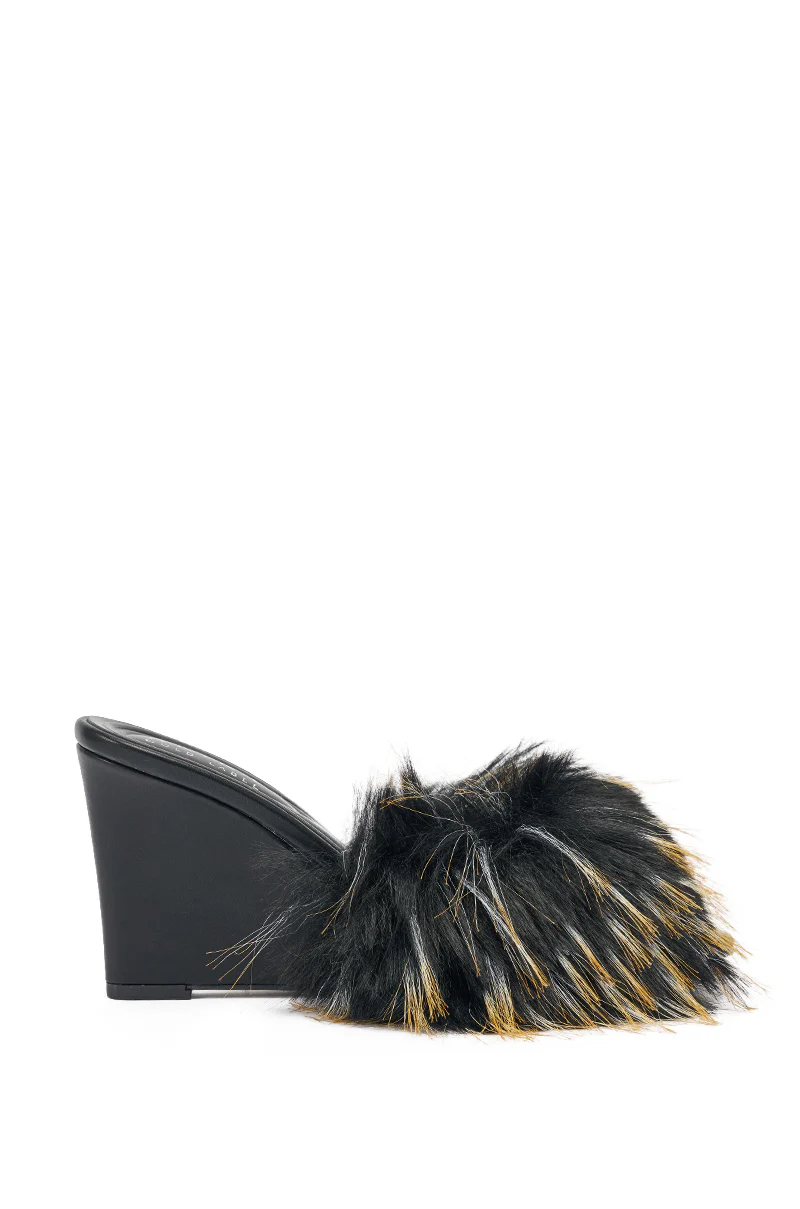 AKIRA GOLD RASHIDA NAVY MULTI WEDGE FUR SANDAL - Image 4
