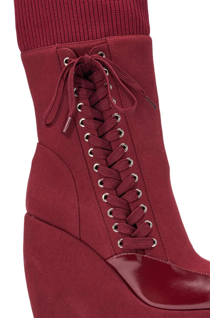 AKIRA GOLD WHATEVER BURGUNDY CANVAS WEDGE BOOTIE - Image 13