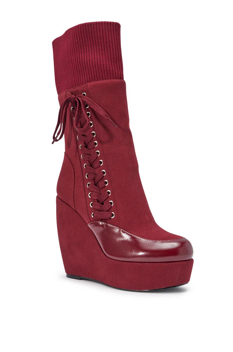 AKIRA GOLD WHATEVER BURGUNDY CANVAS WEDGE BOOTIE - Image 25