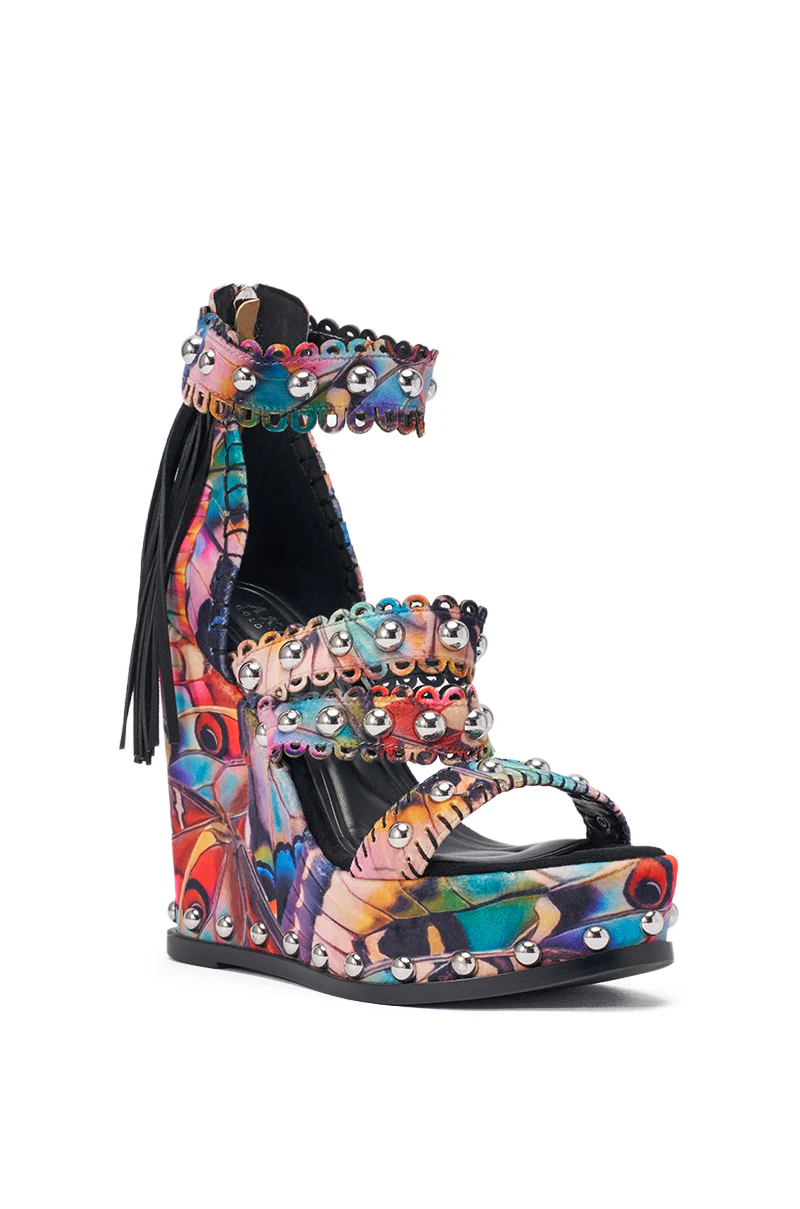 AKIRA GOLD ZANIA BUTTERFLY MULTI PRINT FRINGE EMBELLISHED WEDGE SANDAL - Image 6