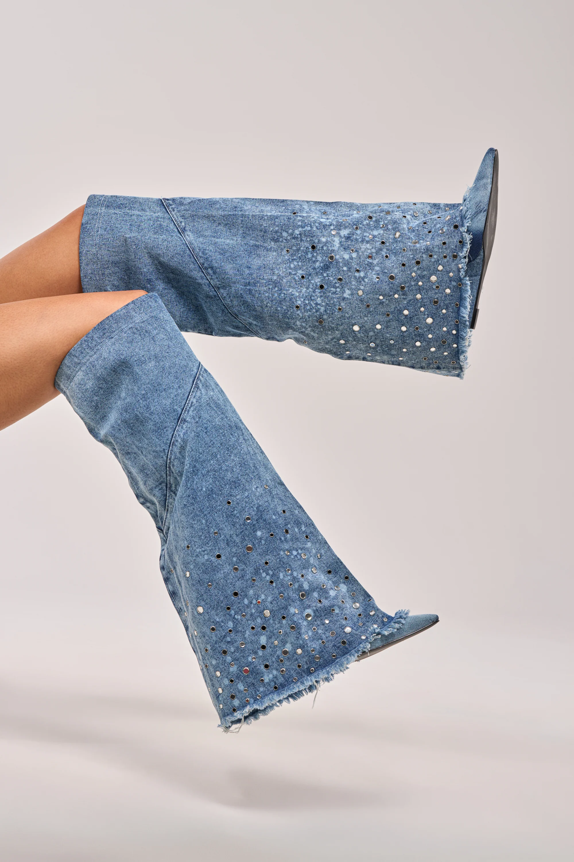 AKIRA WHYNOT DENIM RHINESTONE EMBELLISHED WEDGE BOOT