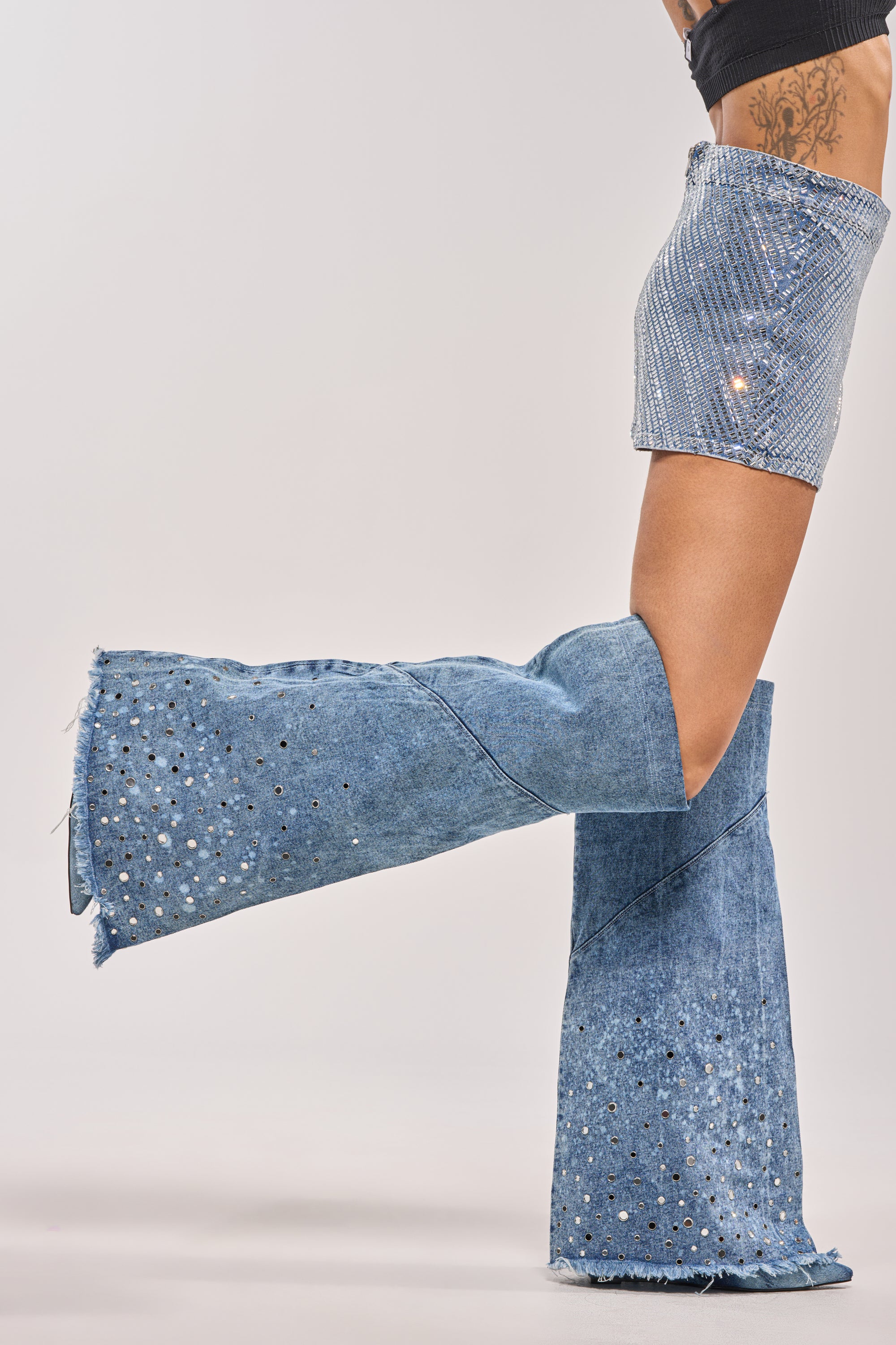 AKIRA WHYNOT DENIM RHINESTONE EMBELLISHED WEDGE BOOT - Image 3