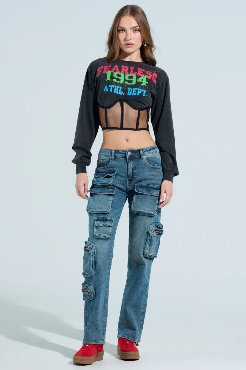 ALL OVER POCKET DETAIL RELAXED FIT JEANS IN MEDIUM BLUE DENIM - Image 6