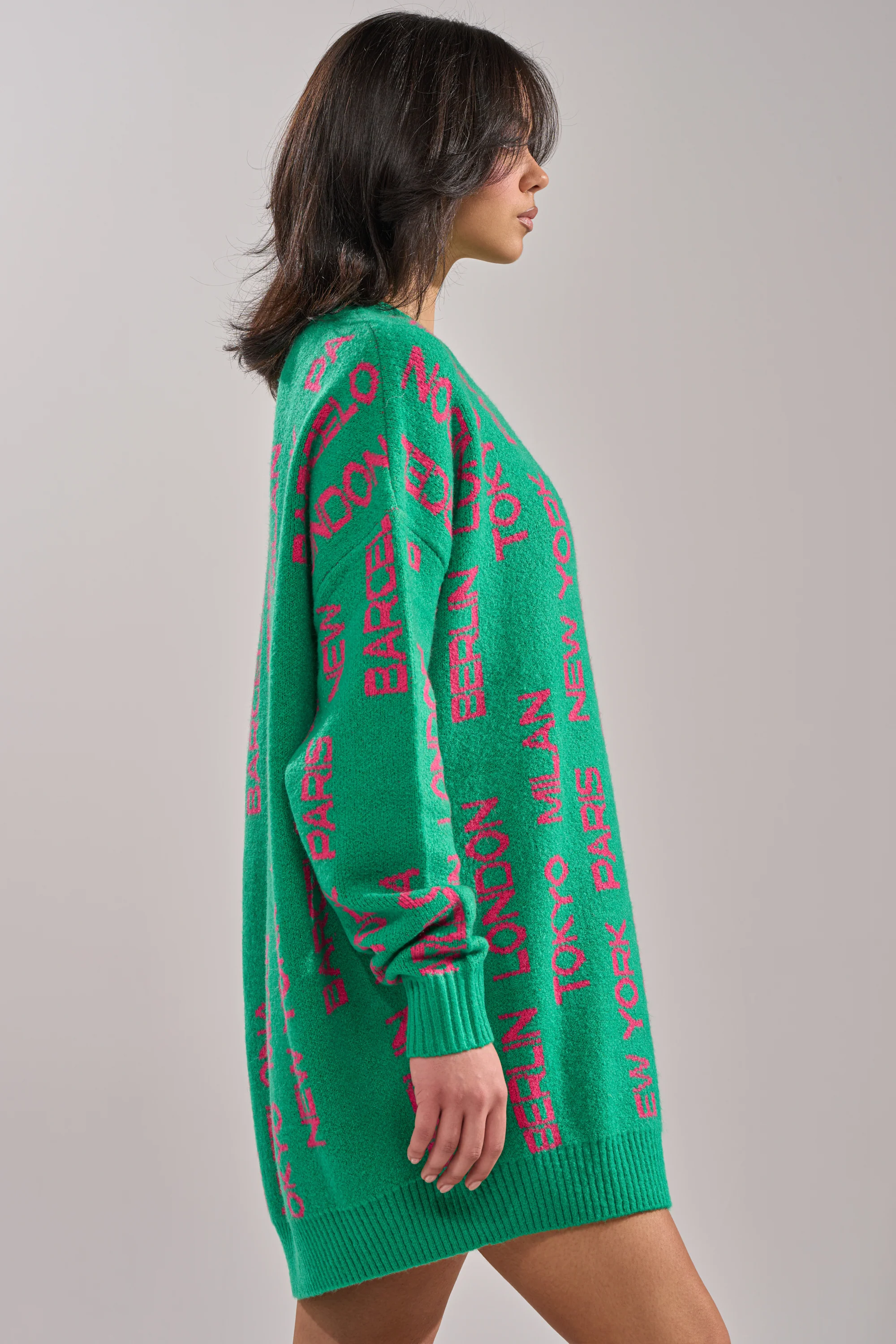AROUND THE WORLD SWEATER MINI DRESS IN GREEN - Image 3