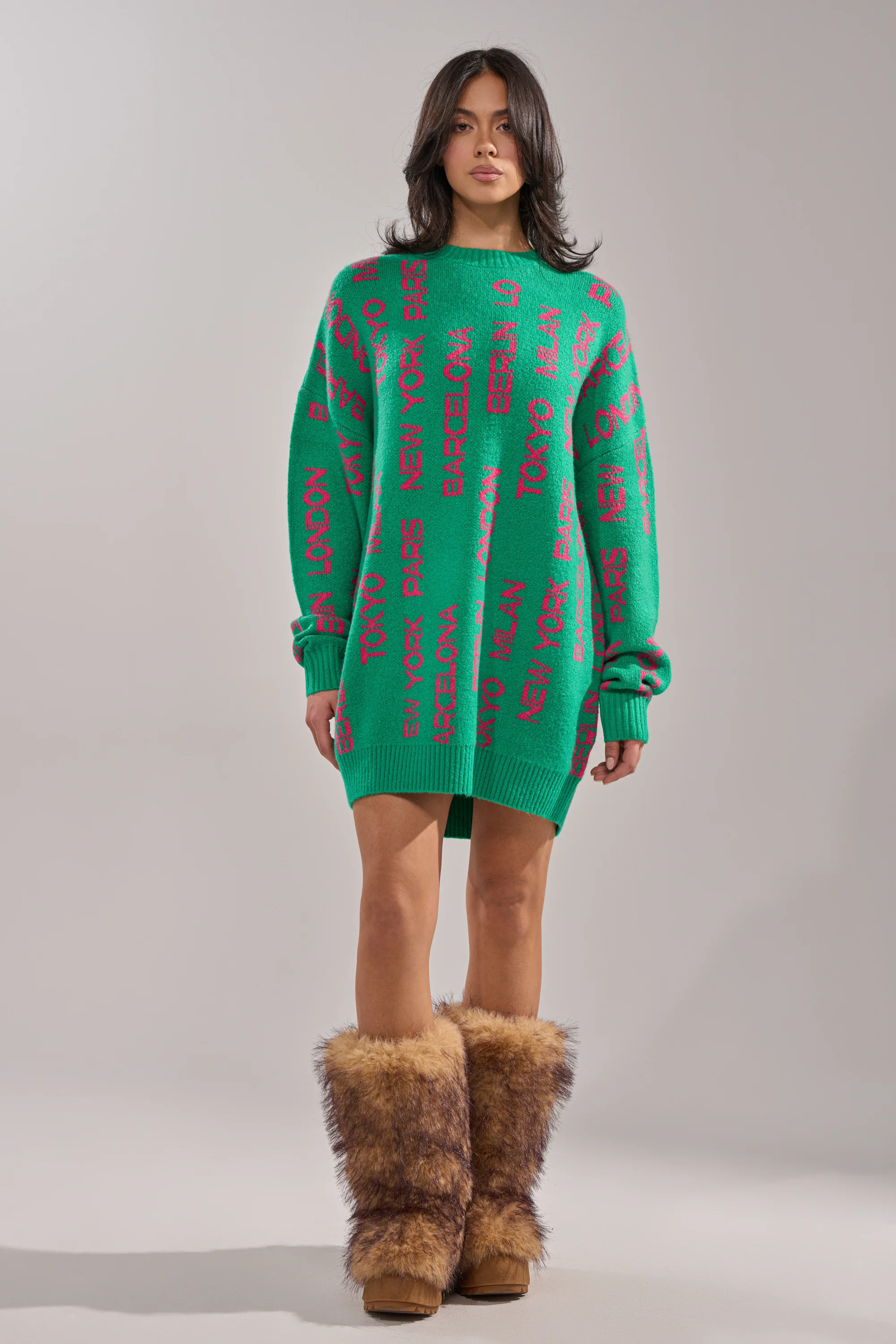 AROUND THE WORLD SWEATER MINI DRESS IN GREEN - Image 5