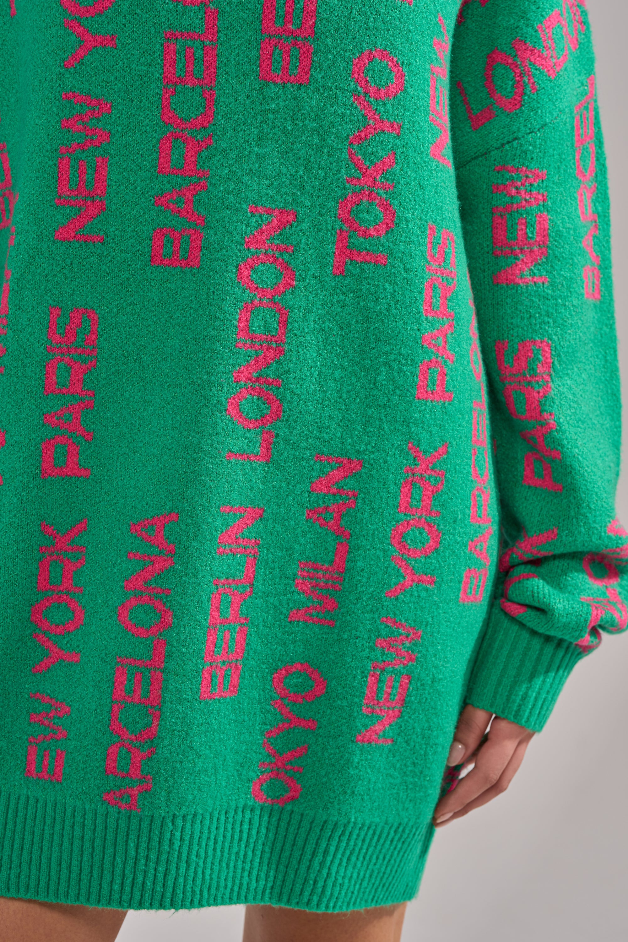 AROUND THE WORLD SWEATER MINI DRESS IN GREEN - Image 7