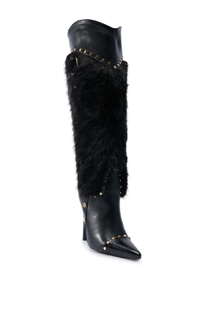 AZALEA WANG ALISTAIR BLACK FUR EMBELLISHED BOOT - Image 5