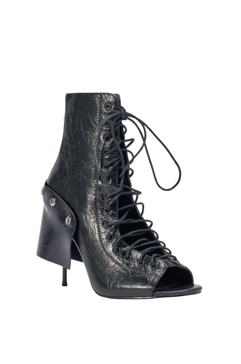 AZALEA WANG ALLURE BLACK CHUNKY LACE UPPER OPEN TOE BOOTIE - Image 7