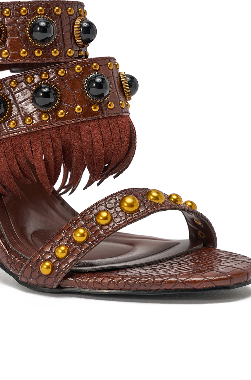 AZALEA WANG ANTOINE BROWN FRINGE AND GOLD EMBELLISHED STILETTO HEEL - Image 8