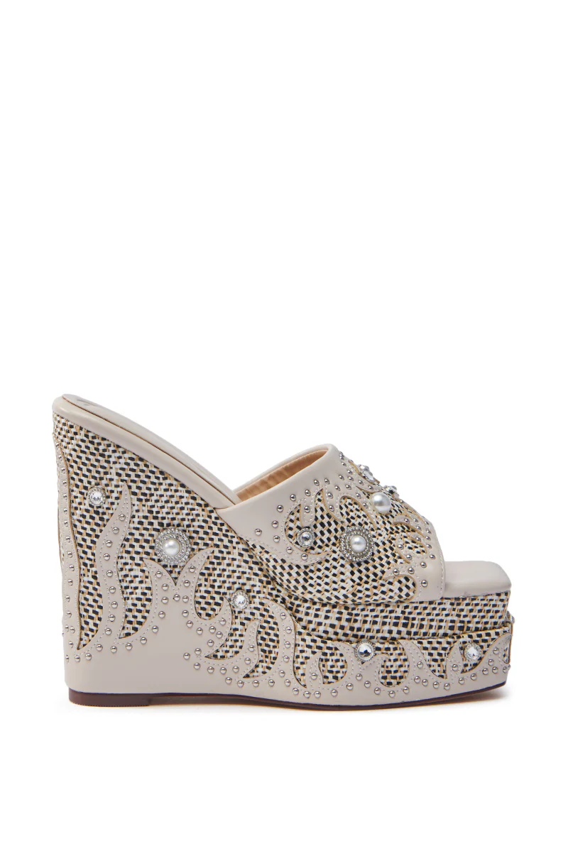 AZALEA WANG APPOLONIA BEIGE TWEED EMBELLISHED WEDGE SANDAL - Image 3