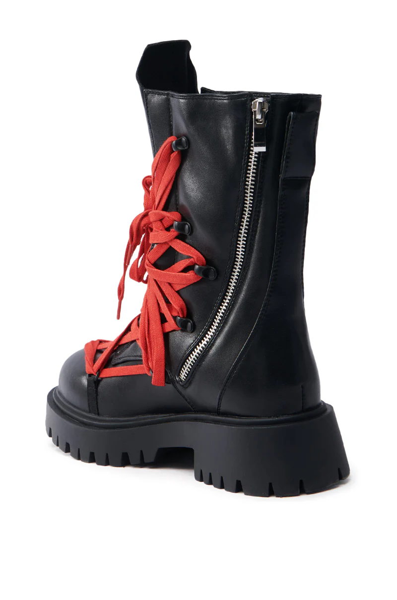 AZALEA WANG ARJUN LACE DETAIL COMBAT BOOTIE IN BLACK WITH RED LACE - Image 5