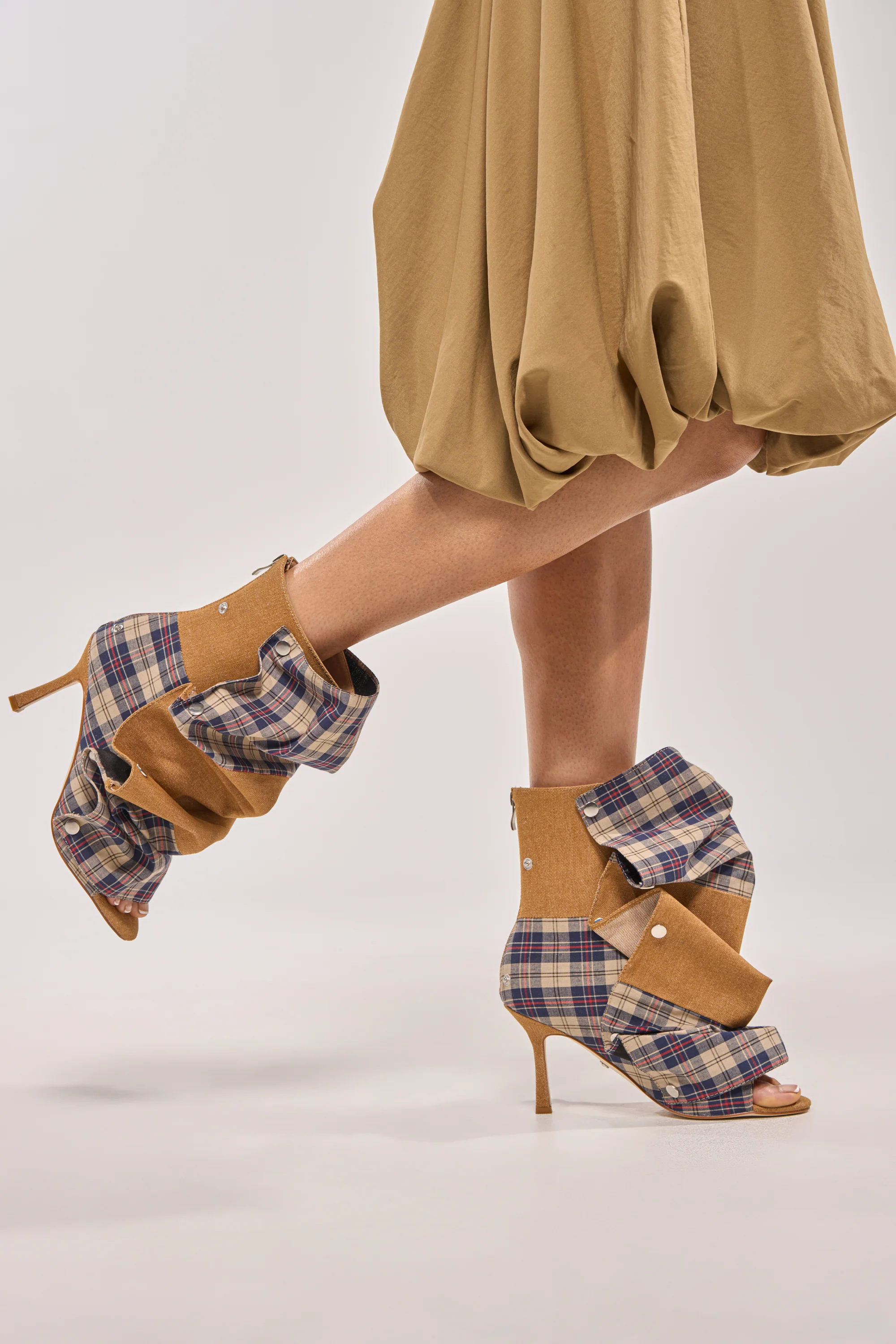 AZALEA WANG BIRD SONG TAUPE PLAID MULTI OPEN TOE BOOTIE - Image 2