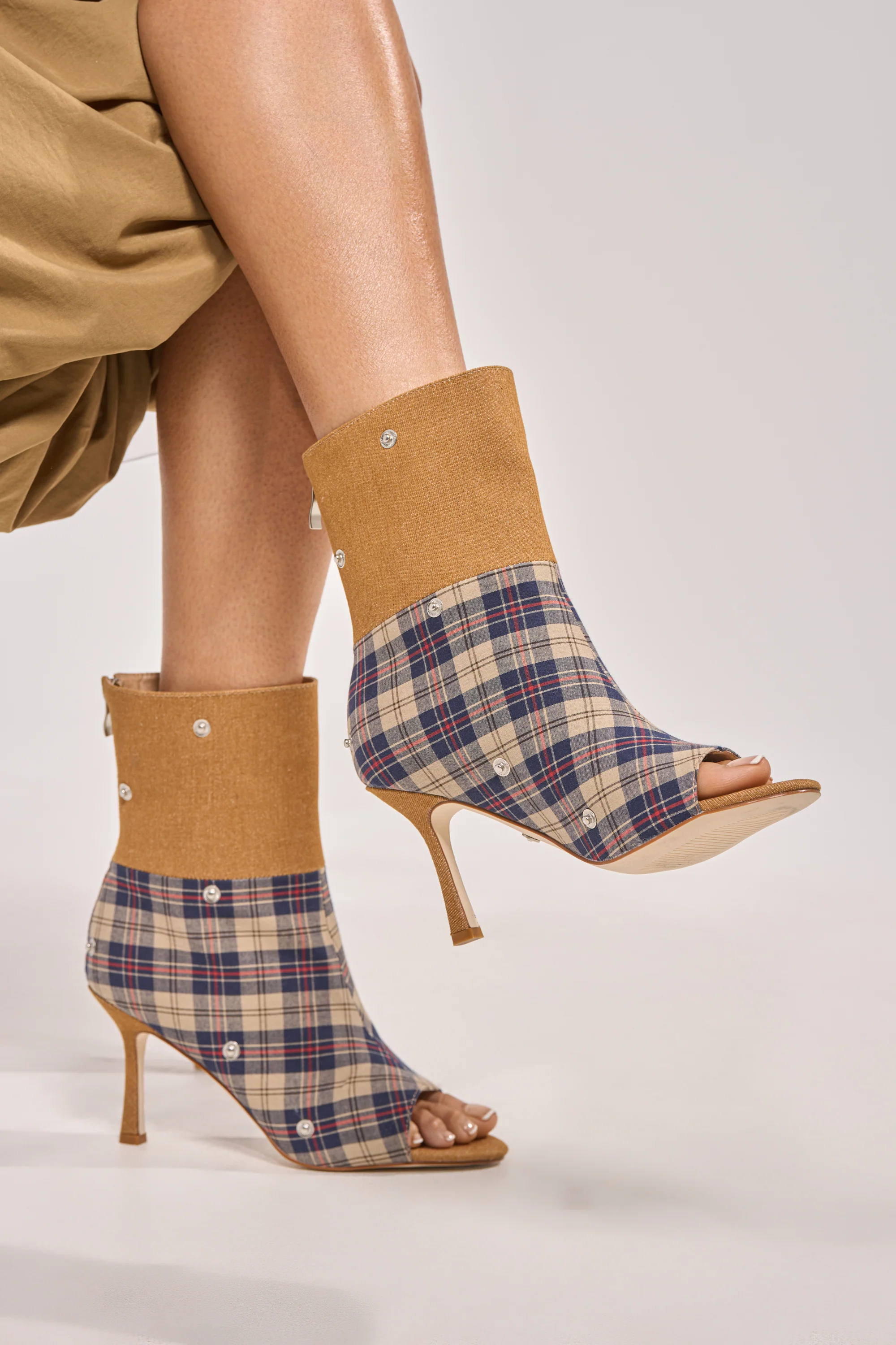 AZALEA WANG BIRD SONG TAUPE PLAID MULTI OPEN TOE BOOTIE - Image 5