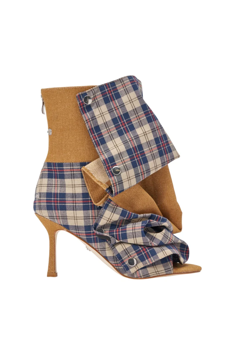 AZALEA WANG BIRD SONG TAUPE PLAID MULTI OPEN TOE BOOTIE - Image 6