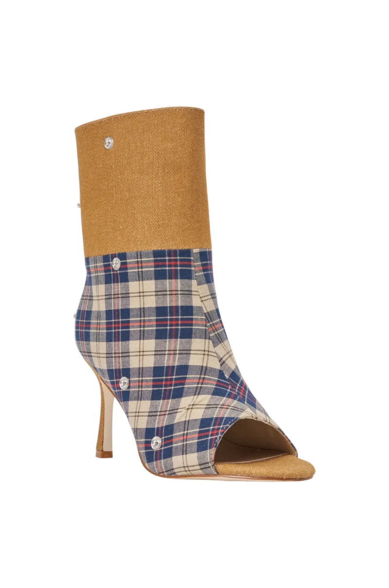 AZALEA WANG BIRD SONG TAUPE PLAID MULTI OPEN TOE BOOTIE - Image 9