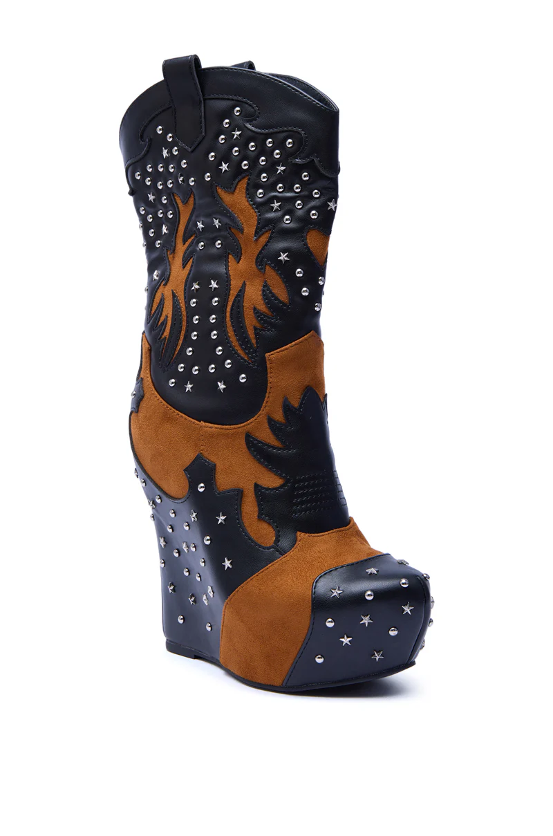 AZALEA WANG CALLIA BLACK MULTI WESTERN WEDGE BOOTIE - Image 4
