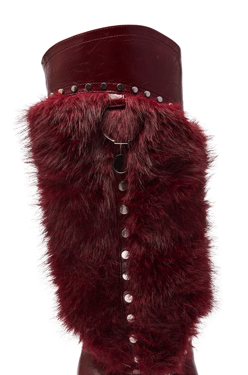 AZALEA WANG ALISETTE BURGUNDY MIXED MATERIAL FUR AND SNAKE STILETTO BOOT - Image 7