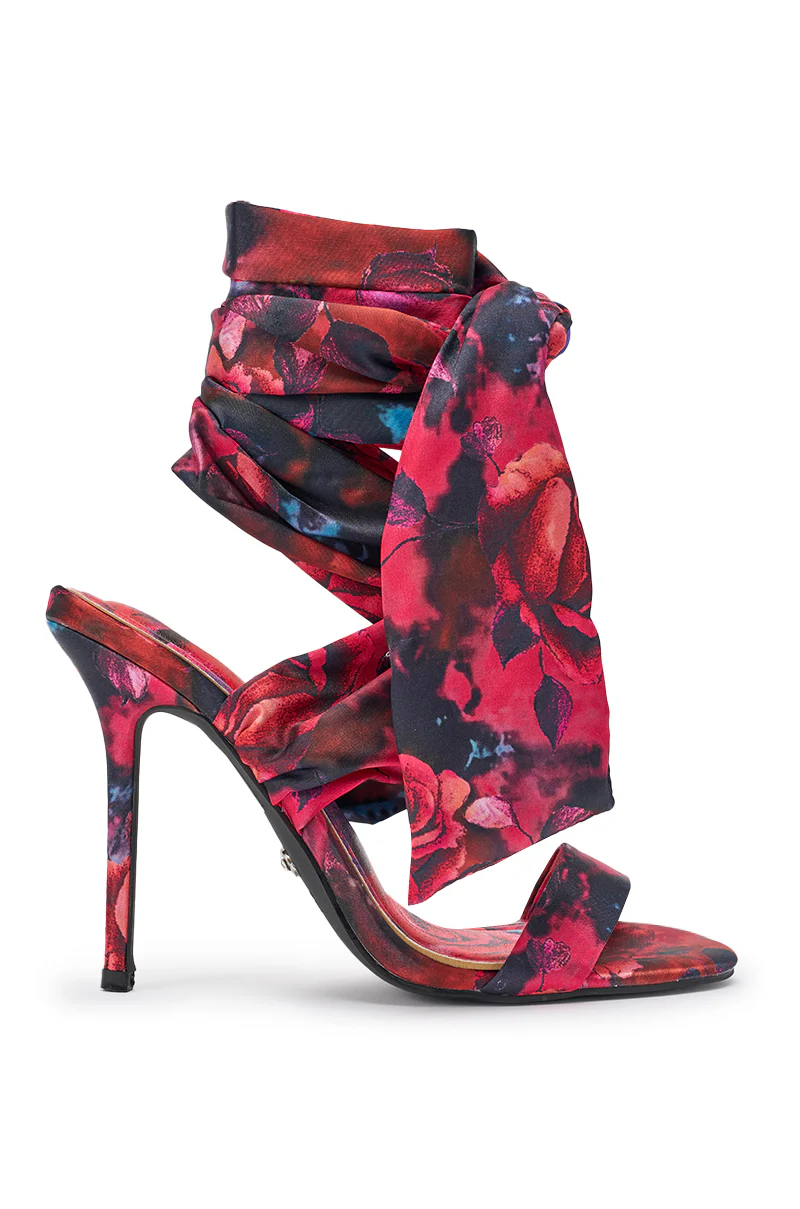 AZALEA WANG ELZON RED SATIN STILETTO FLORAL PRINT SANDAL - Image 8