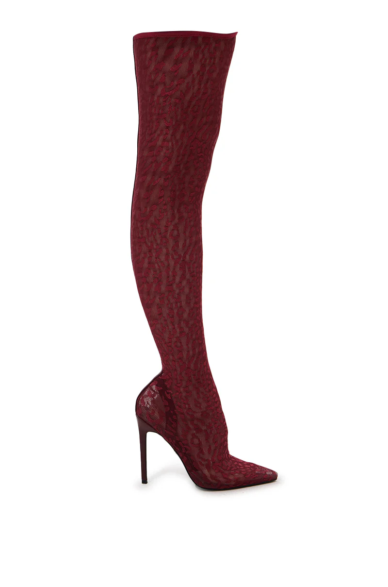 AZALEA WANG NEW FREYJA BURGUNDY LEOPARD LACE STILETTO THIGH HIGH - Image 4