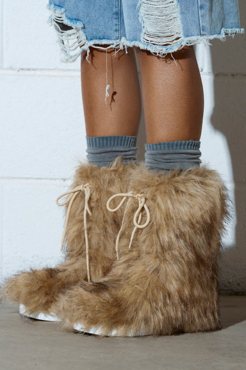 AZALEA WANG HAYES BROWN FUR LACE UP FLAT BOOTIE - Image 2