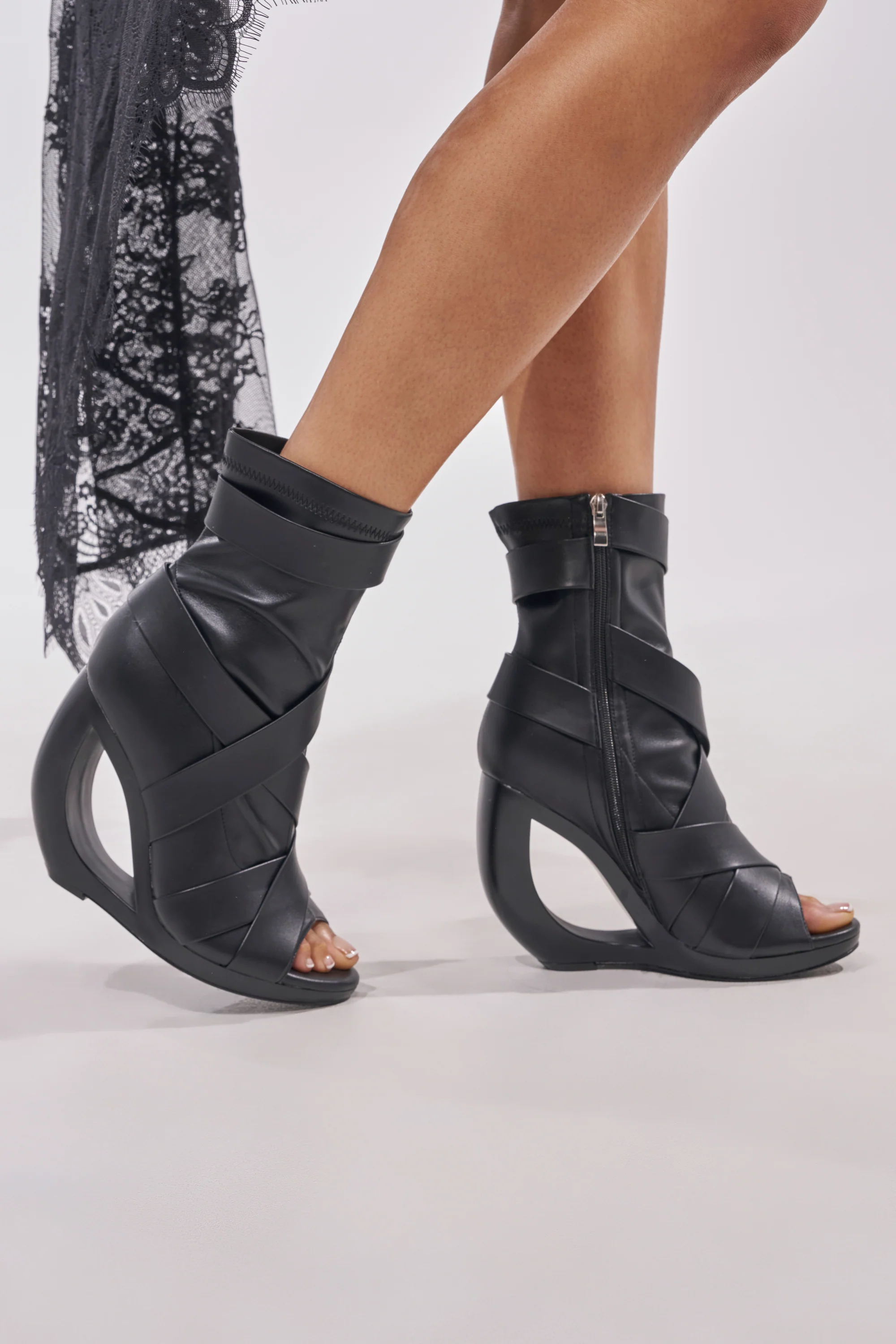 AZALEA WANG IGNITE BLACK WEDGE OPEN TOE BOOTIE WITH BELTING DETAIL - Image 2