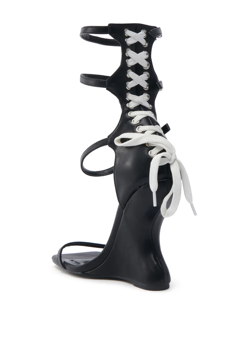 AZALEA WANG ISAAK BLACK WITH WHITE LACES WEDGE SANDAL - Image 5