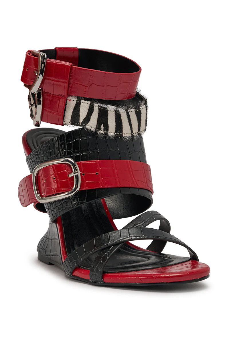 AZALEA WANG ISKRA RED MULTI STRAP NOVELTY WEDGE SANDAL - Image 5