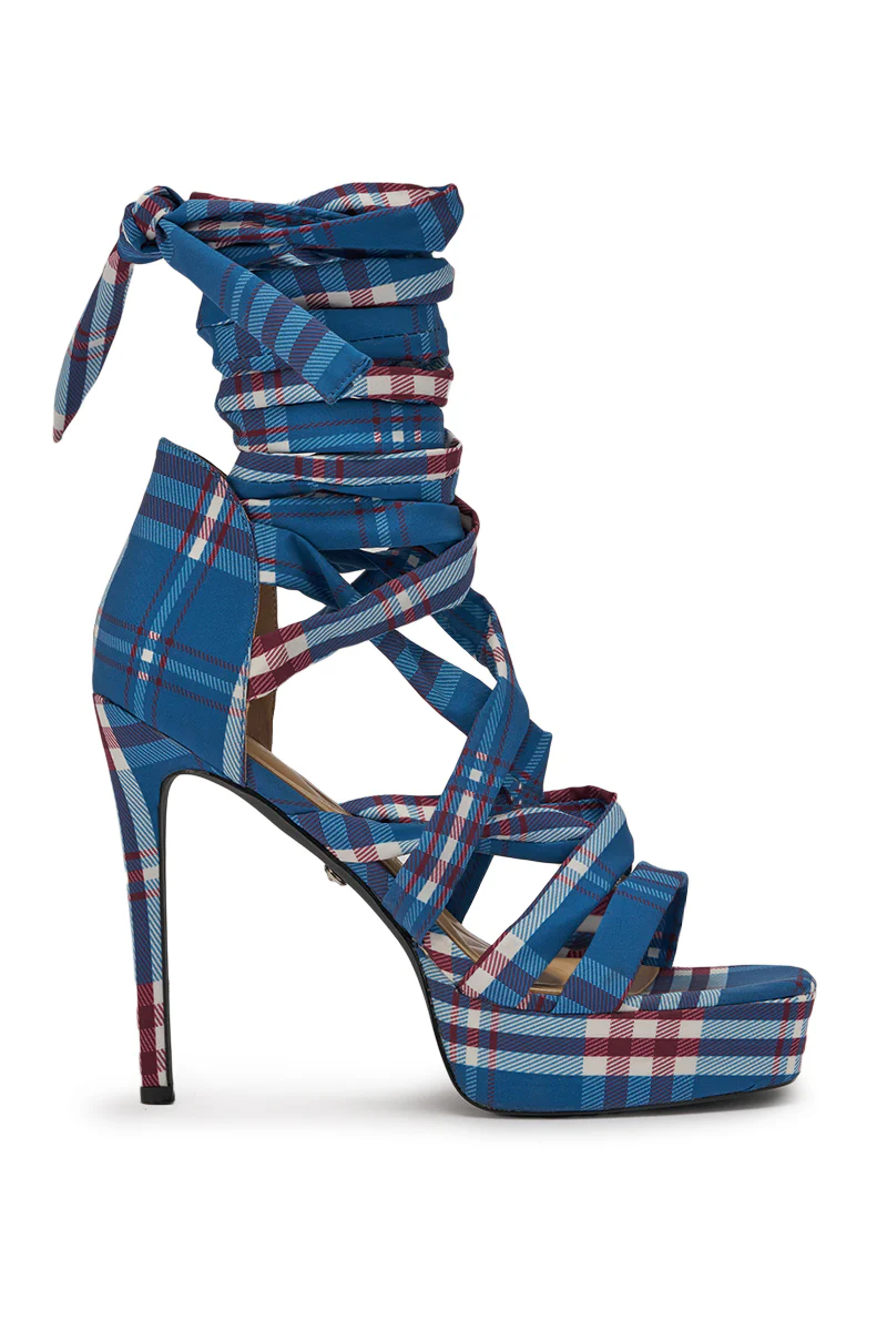 AZALEA WANG JEMISHA BLUE PLAID PRINT PLATFORM STRAPPY SANDAL - Image 4