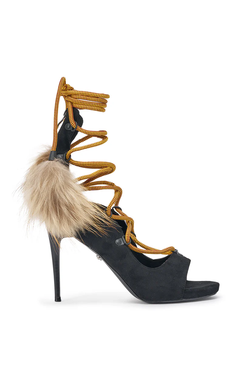 AKIRA GOLD KARLA OLIVE FAUX SUEDE FUR EMBELLISHED STILETTO - Image 4