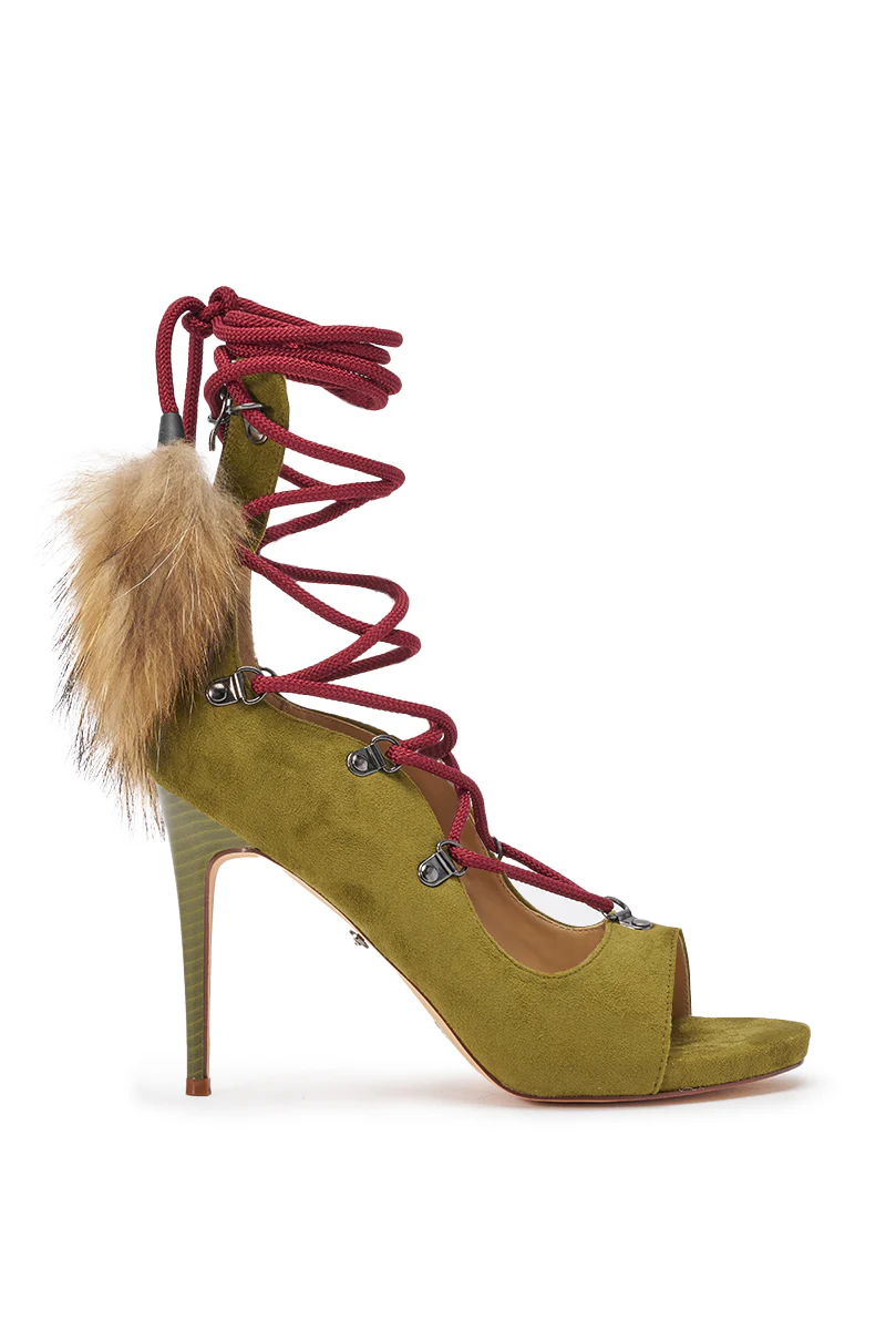 AZALEA WANG KARLA OLIVE FAUX SUEDE FUR EMBELLISHED STILETTO SANDAL - Image 5