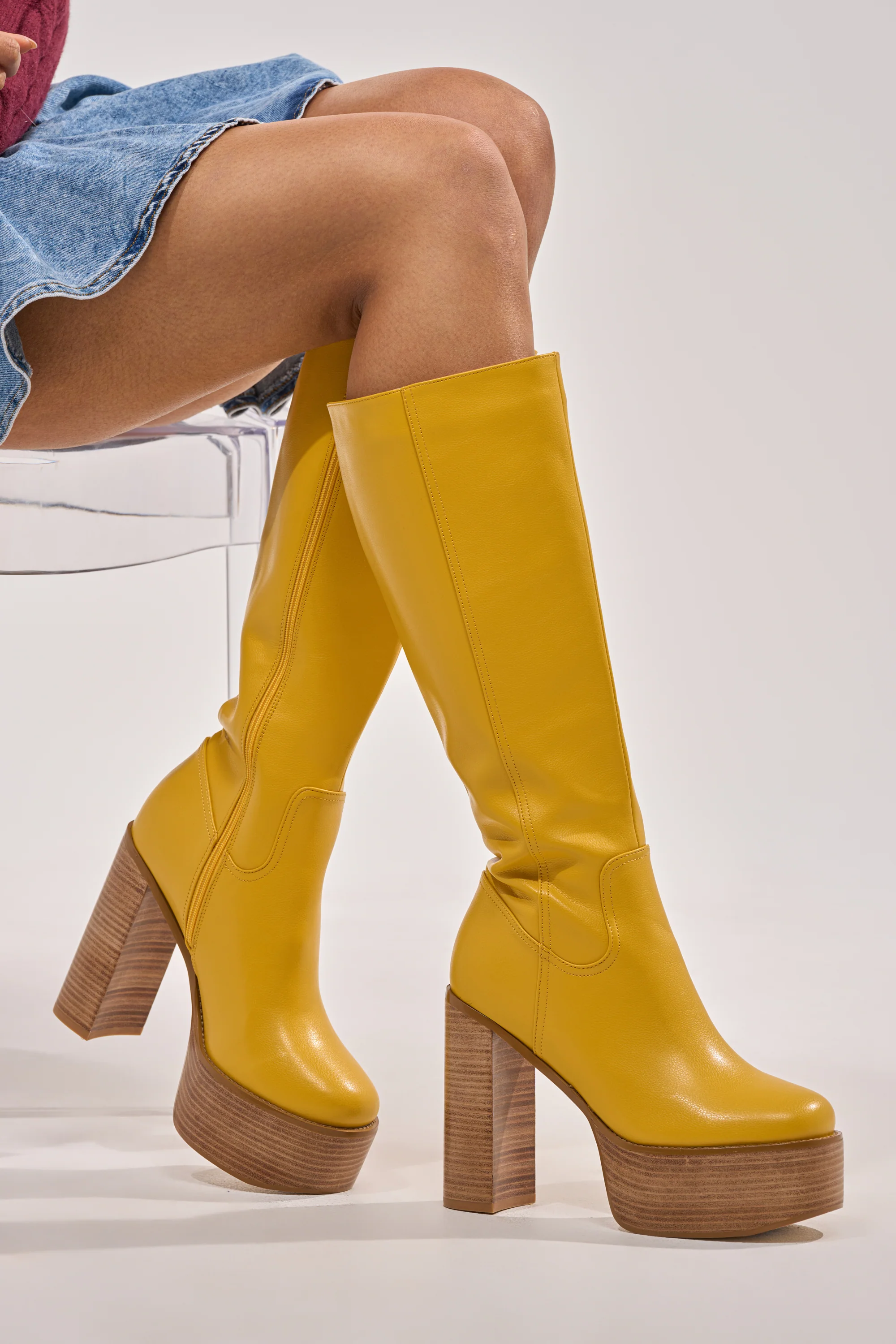 AZALEA WANG LANDRY YELLOW PU WOOD STACK PLATFORM BOOT - Image 4