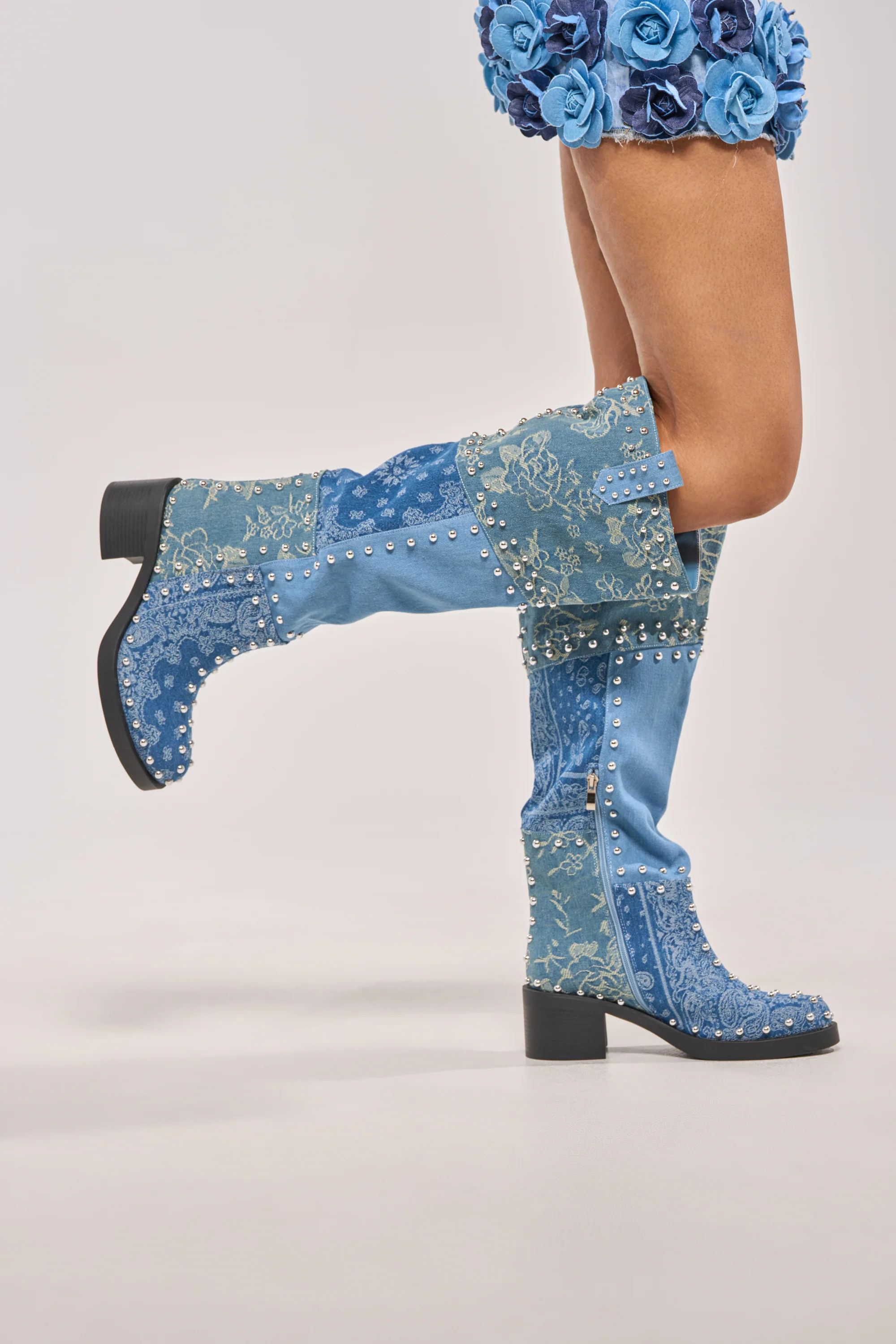AZALEA WANG LUVIENNE DENIM PATCHWORK STUDDED BLOCK BOOT - Image 2