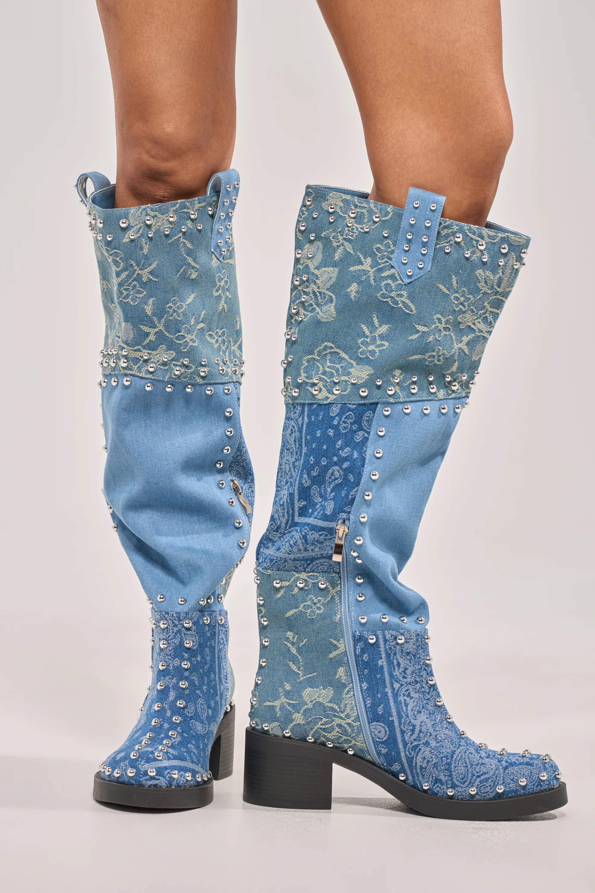AZALEA WANG LUVIENNE DENIM PATCHWORK STUDDED BLOCK BOOT - Image 3